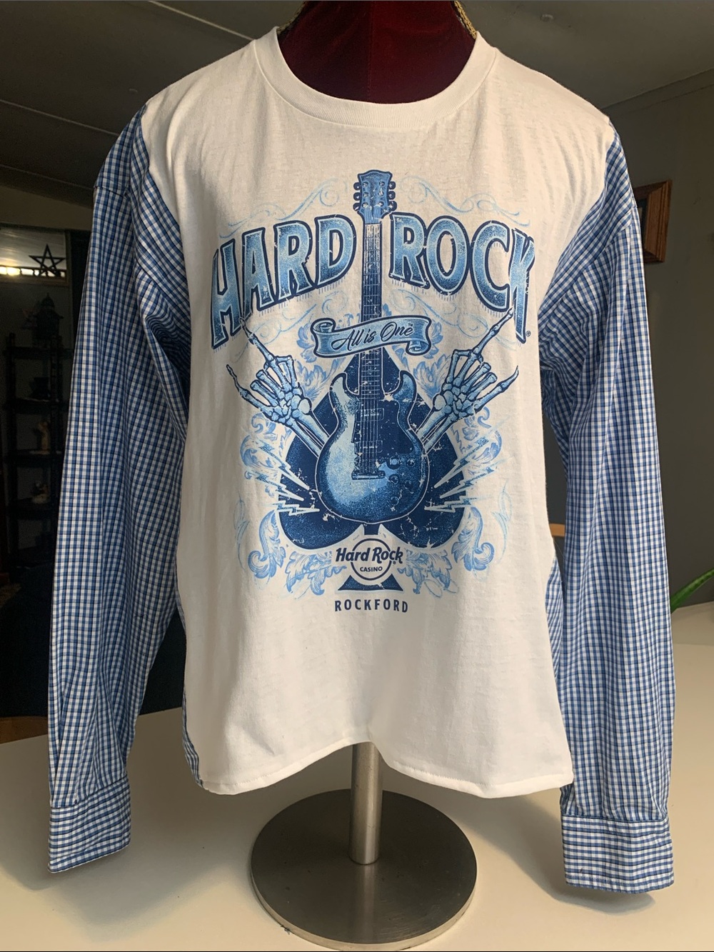 Upcycled Hard Rock Graphic Long Sleeve Tee in White and Blue.